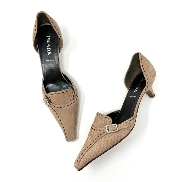 Vintage Prada 90s Y2K Ostrich Tan Brown Buckle Kitten Heels Pumps Shoes 37.5 7.5